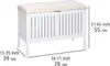 A white storage bench with a beige cushion is shown with dimensions indicated by text and lines. Podgląd zdjęcia produktu