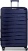 A navy blue suitcase with a textured surface and wheels.