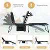 A black foldable sun lounger with a face opening is shown in various positions against a beach background. The image includes diagrams illustrating different backrest and leg positions. Podgląd zdjęcia produktu