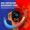 An orange infrared thermometer is shown with a graphic overlay indicating its wide temperature measurement range. Podgląd zdjęcia produktu