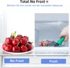 A split image showing a refrigerator compartment with fresh cherries on one side and a hand scraping frost from a frozen compartment on the other side. Text overlays highlight 'Total No Frost' and 'No Frost' vs 'Frost'. Produktbild-Vorschau