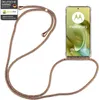 A Motorola Moto G86 5G phone with a clear case and a rainbow-colored lanyard is displayed against a white background. Produktbild-Vorschau