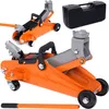 A product shot of an orange hydraulic car jack with a black carrying case and a handle. Voir les images du produit
