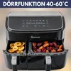 A black dual-chamber air fryer with its drawers pulled out, showing dried fruit and banana chips inside. The top of the air fryer has a digital display. Anteprima dell’immagine prodotto