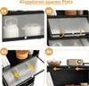 A collage of four images showcasing different aspects and features of a black kitchen shelf. Produktbild-Vorschau