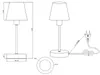 Technical drawings of a table lamp with dimensions and a plug. Produktbild-Vorschau
