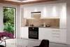 A modern, white, high-gloss kitchen with a large window overlooking a garden. Produktbild-Vorschau