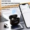 A close-up of wireless earbuds and their charging case, placed on a laptop keyboard, with a smartphone displaying Bluetooth settings in the background. Produktbild-Vorschau