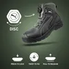A Puma safety boot with a diagram illustrating its DISC system and instructions for use. Produktbild-Vorschau