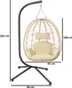 A hanging egg chair with a stand, shown with dimensions indicated by text overlays. Produktbild-Vorschau