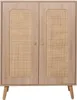 A front view of a wooden cabinet with rattan inserts on the doors, standing on four tapered legs. Podgląd zdjęcia produktu