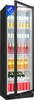 A black glass-door refrigerator filled with various beverages, including bottles and cans. Produktbild-Vorschau