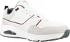 A white Skechers sneaker with gray and burgundy accents is shown from the side against a white background. Voir les images du produit