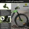 A close-up of an electric mountain bike's front wheel and frame, with marketing text and product details. Produktbild-Vorschau