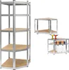 A collage of images showing a metal shelving unit and smaller corner shelving units, some with items on them. Náhled obrázku produktu