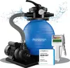 A pool sand filter system with a pump and a water tester, presented on a white background with water splashes. Produktbild-Vorschau