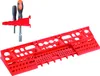 A red tool organizer with various slots for screwdrivers and drill bits, shown against a white background. A small inset shows two screwdrivers and a socket attached to one. Anteprima dell’immagine prodotto