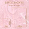 A graphic displaying dimensions for a pillow and a blanket against a pink marble background. Produktbild-Vorschau
