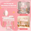 A collage of images showcasing a children's vanity table and chair set, demonstrating its dual functionality as a makeup table and a desk. Podgląd zdjęcia produktu