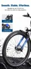 Close-up of an electric bicycle's front wheel and fork, with marketing text and inset images highlighting features. Produktbild-Vorschau