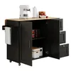 A black kitchen island with a wooden countertop, open doors revealing storage, and a towel hanging on the side. Voir les images du produit