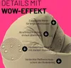 Close-up of a beige beanbag with text overlays highlighting its features. Produktbild-Vorschau