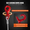 A close-up of a red self-locking swivel hook attached to a steel cable, with an inset image showing the hook mechanism and text highlighting its features and strength. Náhled obrázku produktu