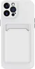 A white iPhone case with a card holder on the back is shown against a white background. Produktbild-Vorschau