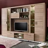 A modern living room entertainment center with a TV, shelves, and cabinets, decorated with books and plants. Produktbild-Vorschau