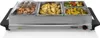 A stainless steel buffet food warmer with three compartments filled with food, shown on a white background. Voir les images du produit