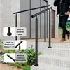 A person walks up a set of stairs with a black handrail installed on the side. The image includes close-up diagrams of the handrail's components and features. Produktbild-Vorschau