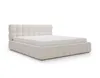 A white upholstered bed frame with a mattress on a white background. Produktbild-Vorschau