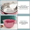 A split image showing the inner stainless steel sieve and the outer pink bowl of a kitchen colander set, with descriptive text. Produktbild-Vorschau