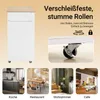 Collage of a white kitchen cart with a wood top, close-up of its wheels, and lifestyle images of it in a kitchen, dining room, living room, and cafe. Produktbild-Vorschau