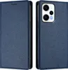 A blue leather flip phone case is shown from two angles, open and closed. Produktbild-Vorschau