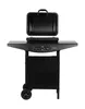 A black gas grill with the lid open, shown from the front on a white background. Produktbild-Vorschau