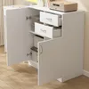 A white cabinet with doors open, showing shelves, drawers, and a printer inside. Náhled obrázku produktu