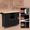 A black kitchen island with a wooden countertop is shown in a room setting, with close-ups of its features. Voir les images du produit