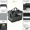 A product image showcasing a foldable pet carrier with various features highlighted by text and dashed lines. Produktbild-Vorschau