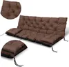 A brown tufted cushion set for a Hollywood swing or garden bench, shown against a white background with close-up insets. Náhled obrázku produktu