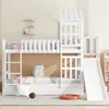 A white bunk bed with a slide and a small house-like structure on top, set in a child's bedroom. Podgląd zdjęcia produktu