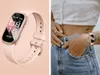 A split image showing a pink smartwatch on the left and a person wearing the smartwatch on the right. Produktbild-Vorschau