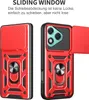 Two views of a red phone case with a sliding camera cover and a ring holder. Produktbild-Vorschau