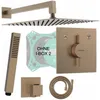 A collage of shower system components including a showerhead, hand shower, control valve, hose, and mounting bracket. Produktbild-Vorschau