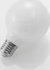 A close-up shot of a white, frosted globe light bulb with a silver screw base, resting on a reflective surface. Produktbild-Vorschau