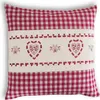 A square pillow with a red and white gingham pattern on the top and bottom, and a cream-colored band in the middle with red heart embroidery. Produktbild-Vorschau