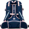 The back view of a navy blue and pink backpack. Voir les images du produit