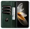 A green leather wallet-style phone case is shown open, displaying card slots and a phone screen. Produktbild-Vorschau