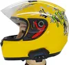 A yellow motorcycle helmet with graphics and a Bluetooth headset attached. Produktbild-Vorschau