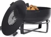 A black metal fire pit with a lid partially open, filled with firewood, resting on a black metal stand. Produktbild-Vorschau